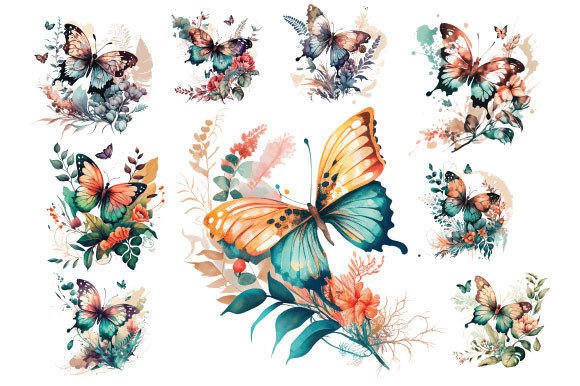 Download Retro Butterfly Floral Watercolor Bundle - Floral watercolor bundle Collection