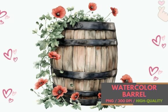 Download Watercolor Barrel with Red Poppies PNG - Red poppies Collection
